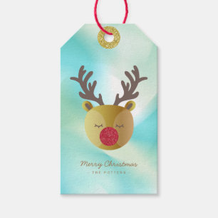 Étiquettes-cadeau Cute Reindeer   Pastel Green Gradient & Gold