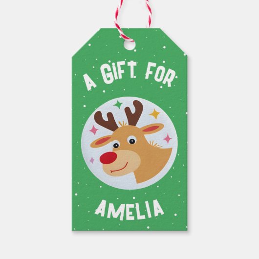 Étiquettes-cadeau Cute Reindeer Snowflakes Kid`s Name Christmas (Devant)