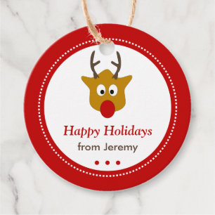 Étiquettes Cadeau Cute Rudolph les Reindeer Fêtes de Noël rouges