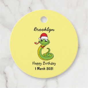Étiquettes Cadeau Cute serpent vert avec chapeau santa dessin animé