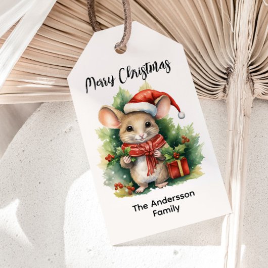 Étiquettes-cadeau Cute Souris Rouge Santa Chapeau Noël Nom de Noël