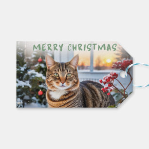 Étiquettes-cadeau Cute Tabby Chat En Animal De Neige Thème Noël