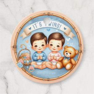 Étiquettes Cadeau Cute Twin Boys Baby shower Aquarelle Teddy Bear