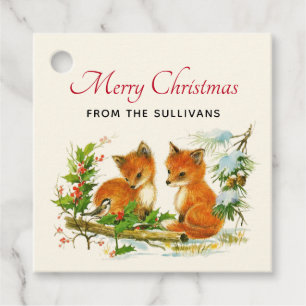 Étiquettes Cadeau Cute Vintage Foxes Retro Christmas Scene