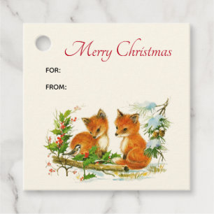 Étiquettes Cadeau Cute Vintage Foxes Retro Christmas Scene