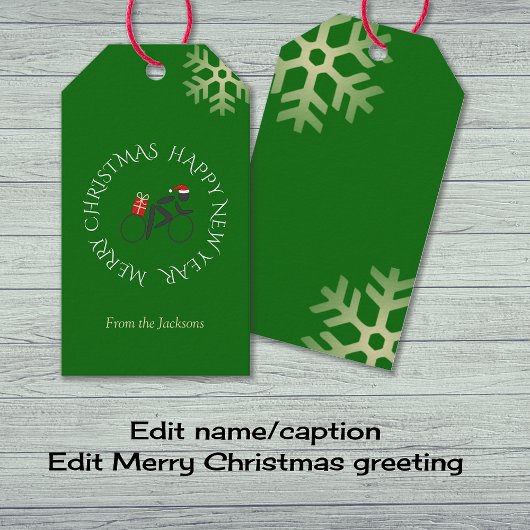 Étiquettes-cadeau Cycliste de Noël texte personnalisé vert