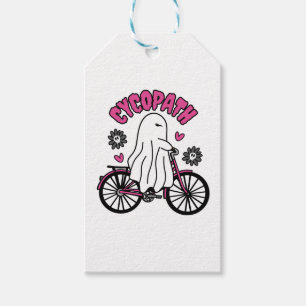 Étiquettes-cadeau Cycopath Halloween fantôme sur vélo rose