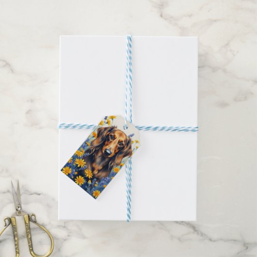 Étiquettes-cadeau Dachshund à poil long (Avec de laficelle)