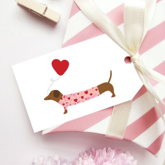Étiquettes-cadeau Dachshund Saint-Valentin, Saint-Valentin rose et r