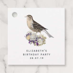 Étiquettes Cadeau Damassé floral oiseau violet et ivoire