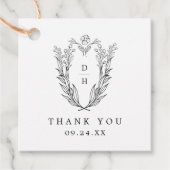 Étiquettes Cadeau DAPHNE Floral noir blanc Mariage simple Merci (Devant)
