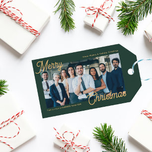 Étiquettes-cadeau Dark Green Business Team Photo Company Noël