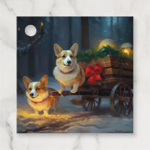 Étiquettes Cadeau Décor de Noël Chariot Corgi enneigé
