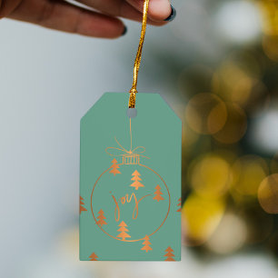 Étiquettes-cadeau Décor de Noël en cuivre or et arbres sauge vert