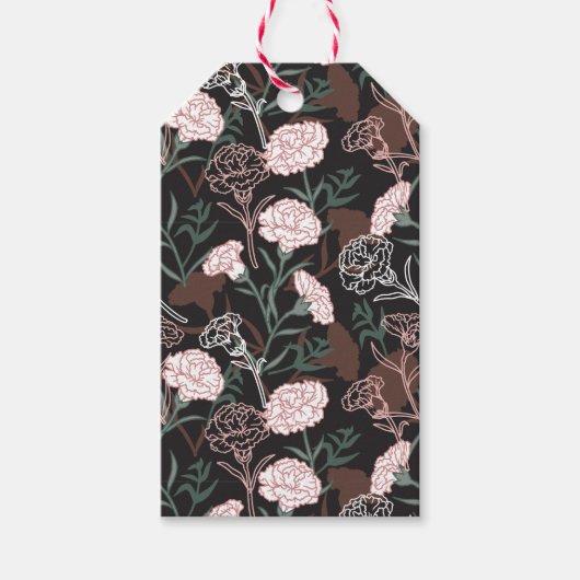 Étiquettes-cadeau Délicates oeillets roses avec fleurs Feuilles vert (Devant)