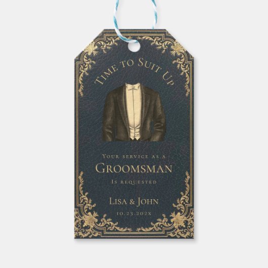 Étiquettes-cadeau Demande de témoin de mariage Bleu Or Rétro Il est  (Devant)