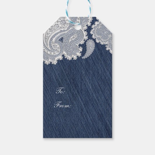 Étiquettes-cadeau Denim Jean & White Lace Élégante Mariage nuptiale (Devant)