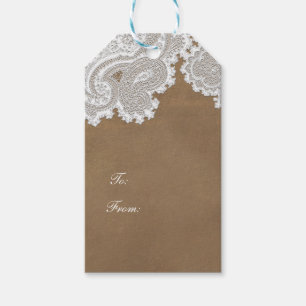 Étiquettes-cadeau Dentelle blanche et marron Chic rustique Élégant F
