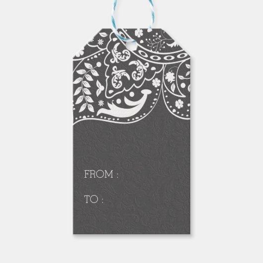 Étiquettes-cadeau Dentelle blanche gris foncé Damas (Devant)