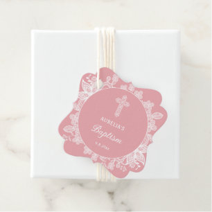 Étiquettes Cadeau Dentelle blanche sur le baptême rose