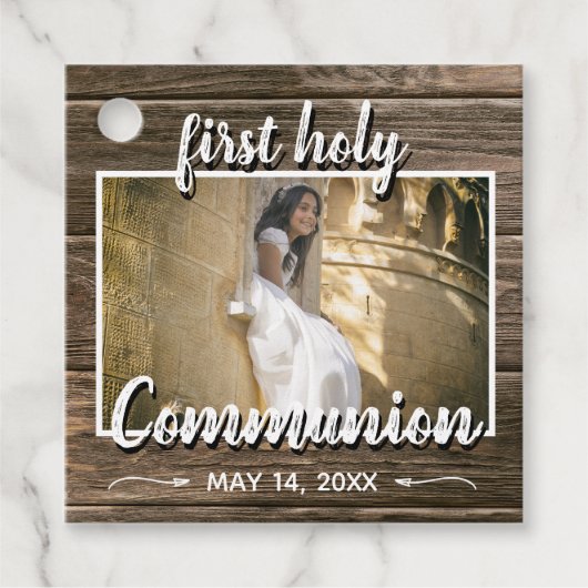 Étiquettes Cadeau Dentelle rustique en bois Première sainte communio (Devant)
