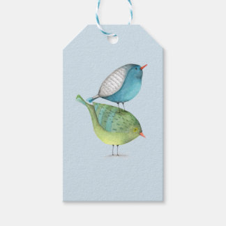 Étiquettes-cadeau Deux Aquarelles Bleu et Vert Oiseaux
