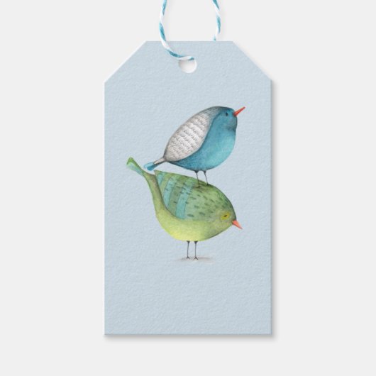 Étiquettes-cadeau Deux Aquarelles Bleu et Vert Oiseaux (Devant)