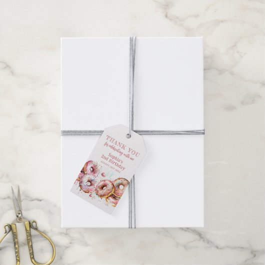 Étiquettes-cadeau Deux beignets roses douces fille 2e Merci d'annive (Avec de la ficelle)