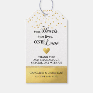 Étiquettes-cadeau Deux Coeurs Deux Vies Un Amour Blanc Mariage Or