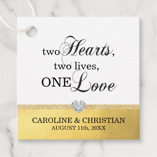 Étiquettes Cadeau Deux Coeurs Deux Vies Un Amour Blanc Mariage Or (Devant)