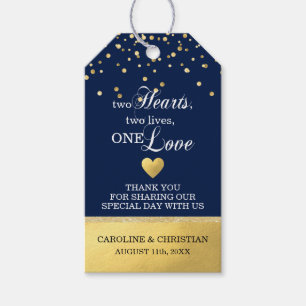 Étiquettes-cadeau Deux Coeurs Deux Vies Un Mariage d'Or Bleu Amour