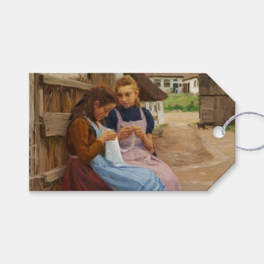 Étiquettes-cadeau Deux Filles avec Needlework assis dans une ferme (Devant (Horizontal))