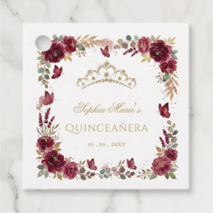 Étiquettes Cadeau Diadème papillon floral burgundy or Quinceañera