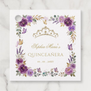 Étiquettes Cadeau Diadème Papillon Floral Violet Or Quinceañera