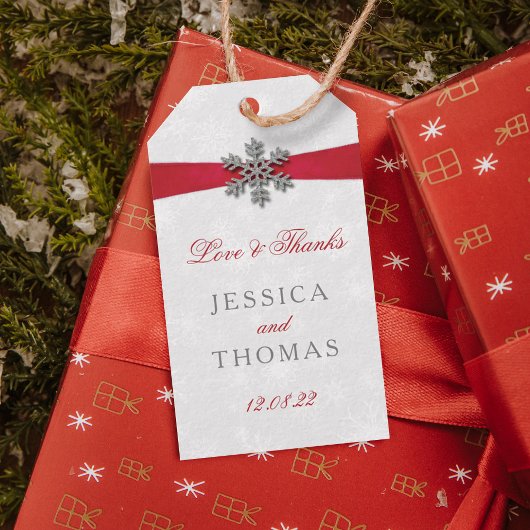 Étiquettes-cadeau Diamante Flocon de neige et Ruban rouge Mariage d'