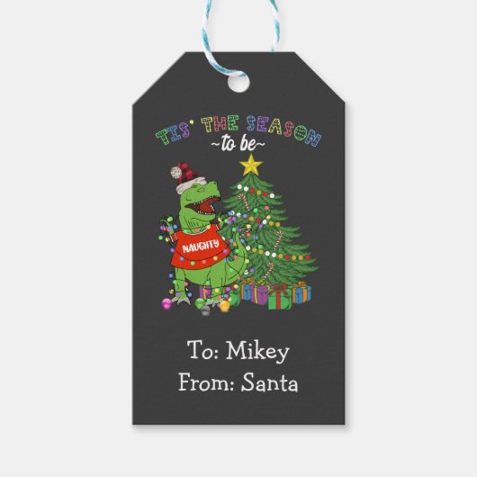 Étiquettes-cadeau Dinosaure Noël C'est la saison Naughty (Devant)