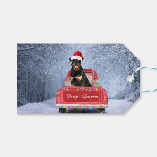 Étiquettes-cadeau Dog Rottweiler en neige assis sur un camion de Noë (Devant (Horizontal))