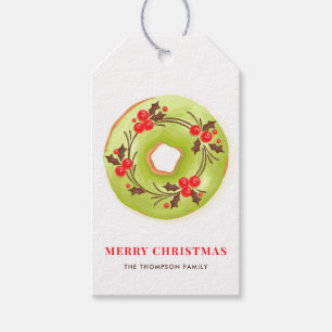 Étiquettes-cadeau Donut glacé au matcha avec Noël festif de houx