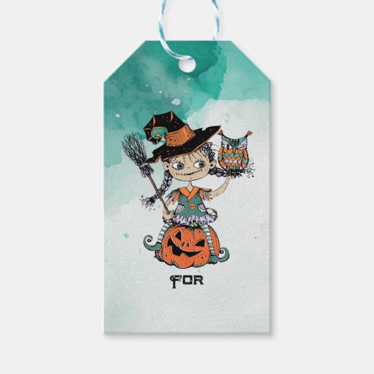 Étiquettes-cadeau Doodle Halloween Witch & Owl (Devant)