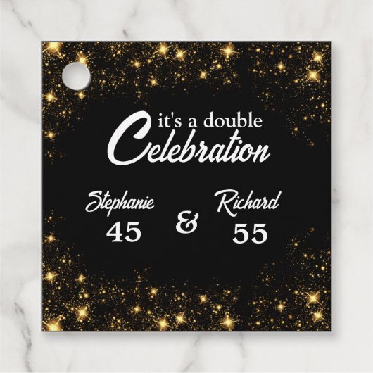 Étiquettes Cadeau Double célébration Joyeux Anniversaire Noir Or (Devant)