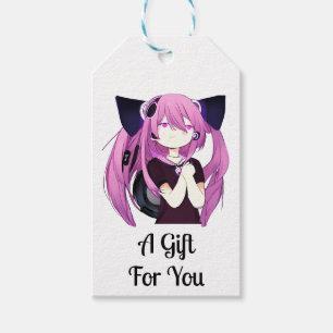 Étiquettes-cadeau Douce pourpre et noire fille Anime avec oreilles d