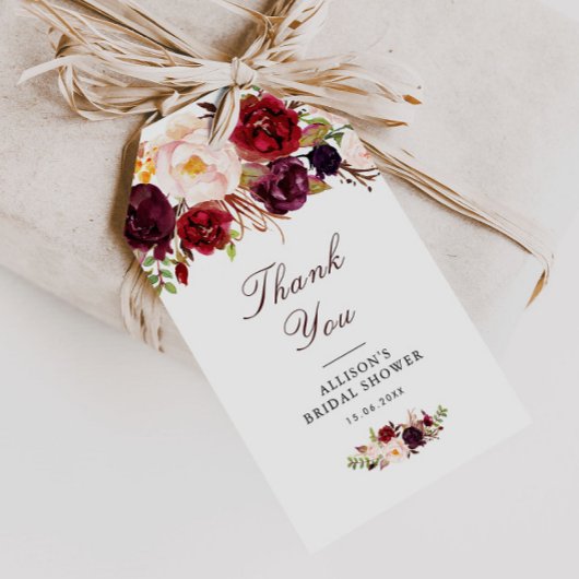 Étiquettes-cadeau douche à nuptiale fleurie bordeaux et rousses