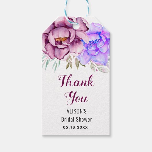 Étiquettes-cadeau Douche de Merci de fleurs d'aquarelle violette (Devant)