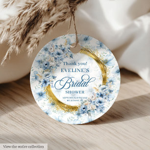 Étiquettes Cadeau Douche Florale Pailletée Bleu Pastel Bohème Doré