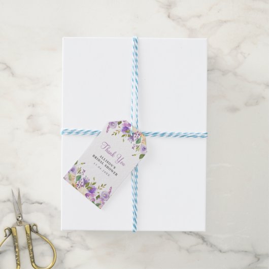 Étiquettes-cadeau Douche nuptiale fleurie violette aquarelle (Avec de laficelle)