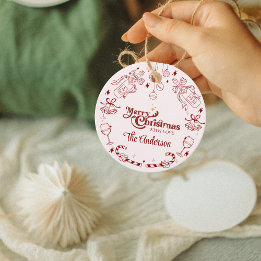 Étiquettes Cadeau Doux rose de noël doodé nom de famille personnalis