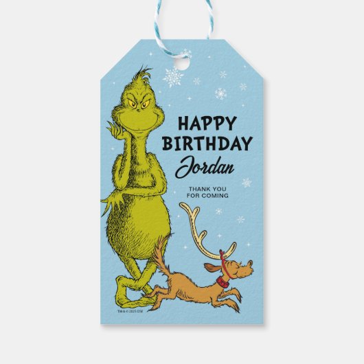 Étiquettes-cadeau Dr Seuss | Grinch Winter Birthday Favoriser (Dos)