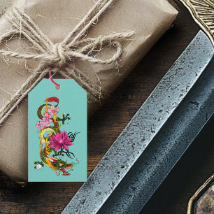 Étiquettes-cadeau Dragon Chinois Fleurs de Cerisier Lotus