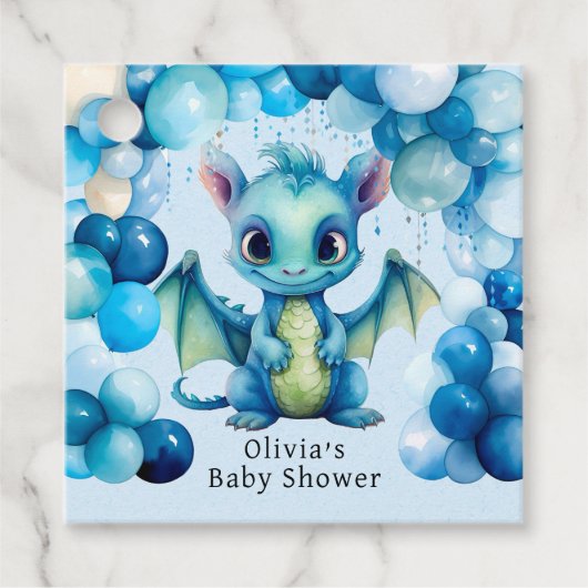 Étiquettes Cadeau Dragon mignon avec Ballons Bleus Baby shower garço (Devant)