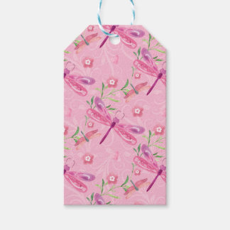 ÉTIQUETTES-CADEAU DRAGONFLIERS ROSE ET PURPLE EN COULEUR D'EAU